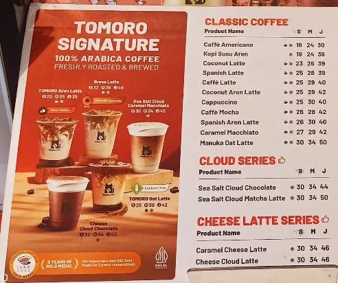 menu tomoro coffee