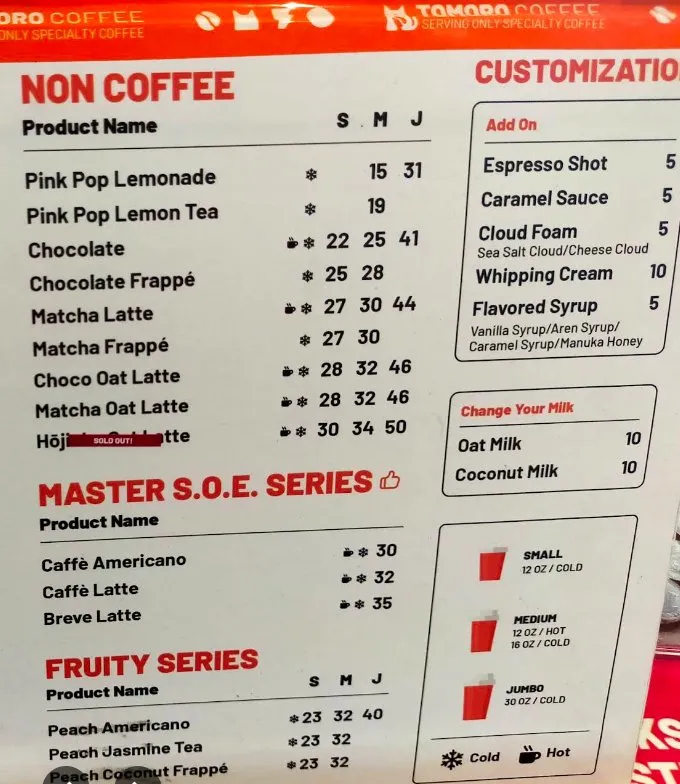 menu tomoro coffee